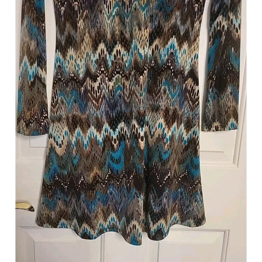 Women's Ariella Large Dress Zip Up Brown Tan Turquoise Boho Retro Chic Fall - Picture 8 of 9